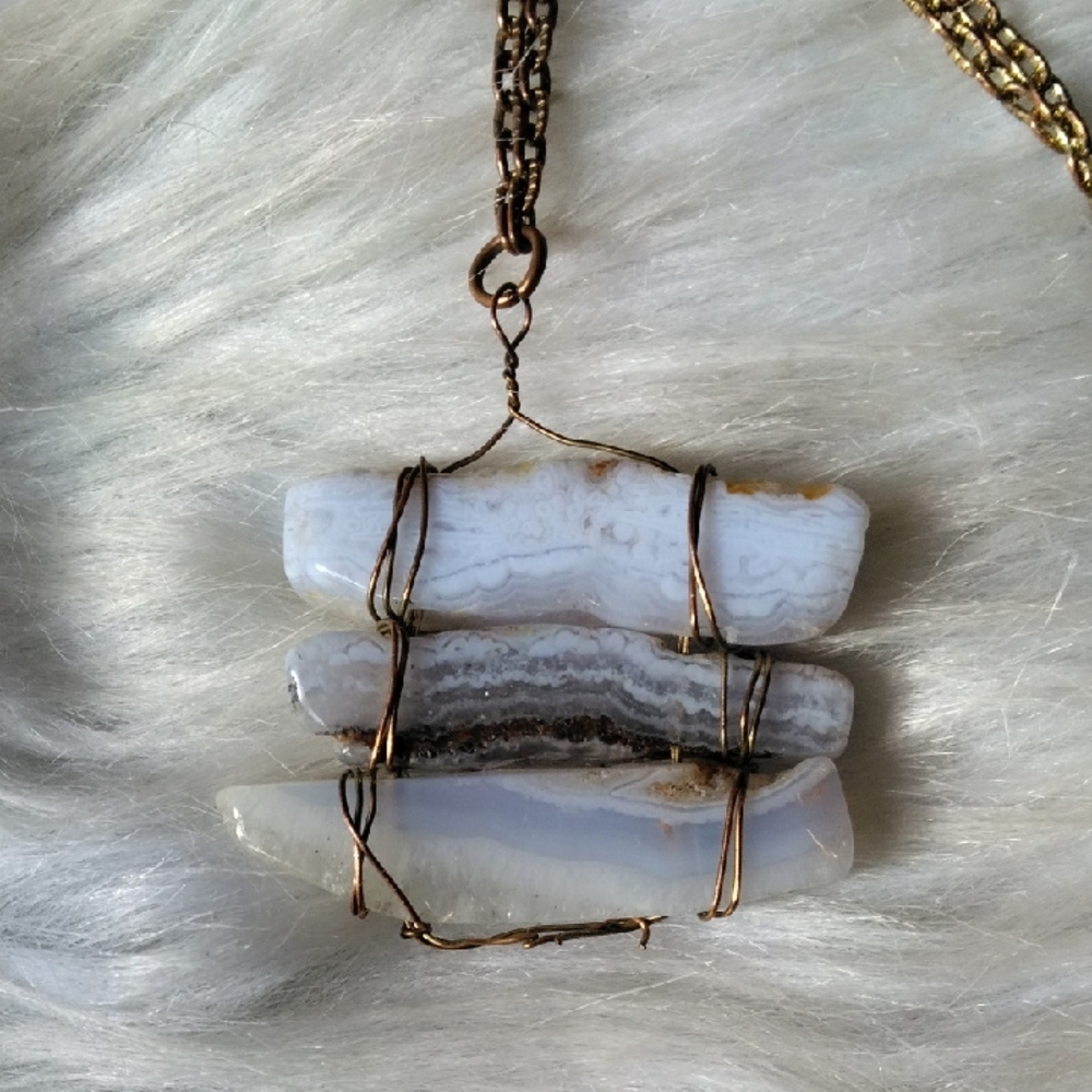 White and Cream Agate Bar Pendant Necklace - Handmade